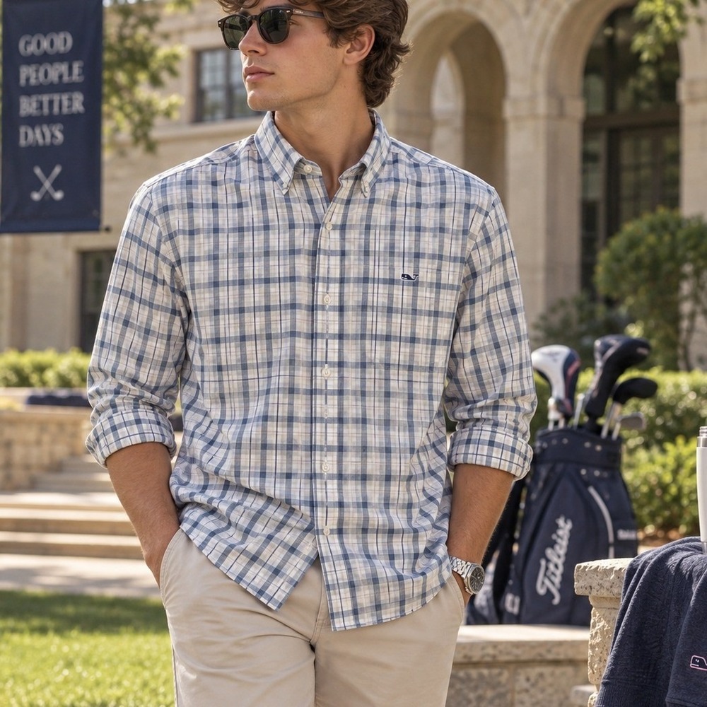 Vineyard Vines Mens L Button‎ Down Shirt Slim Fit Whale Shirt White Plaid Preppy
